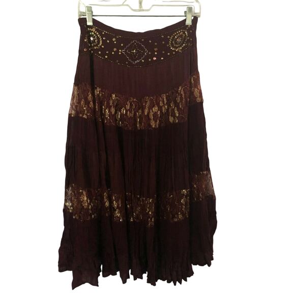 Cache Sequin Metallic Lace Evening Day Skirt Boho Chic New  $128 NWT Burgundy - Picture 5 of 5